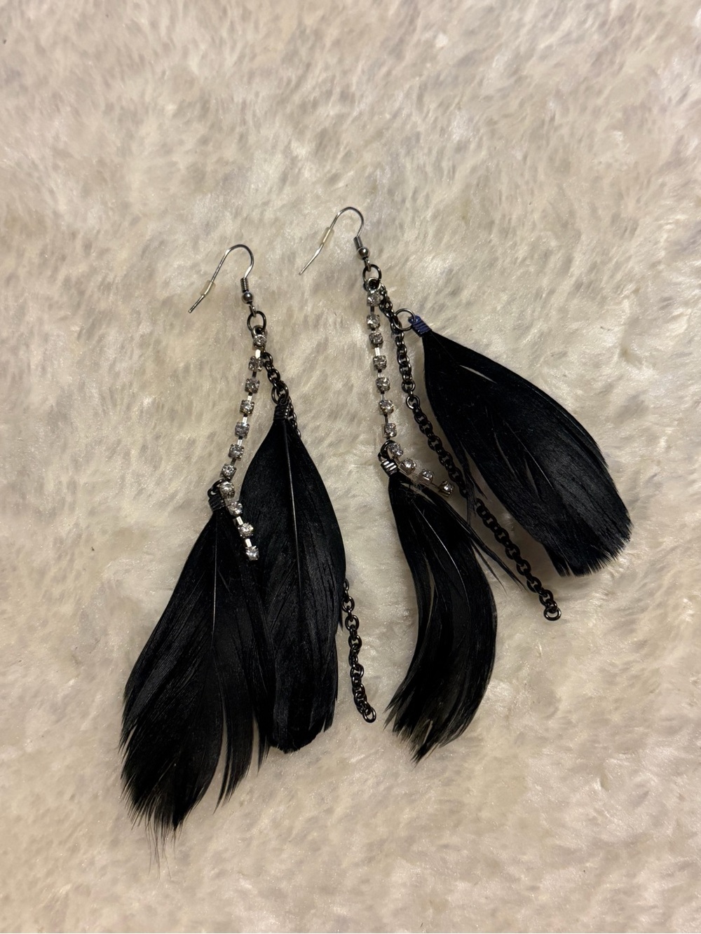 Charming Charlie Black Feather & Crystal Chain Drop Earrings